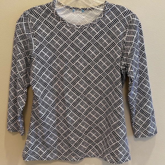 J McLaughlin Catalina Tee Crew Neck 3/4 Black White Geo Print S - Picture 1 of 7